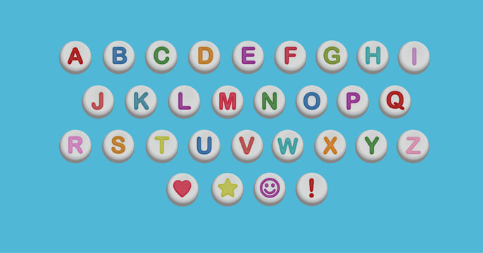 Rainbow alphabet beads vector typography. Cute round colorful 3D uppercase letters and icons on graphic white beads illustration. Playful ABCs, heart, smiley face, and star symbols. Isolated elements.