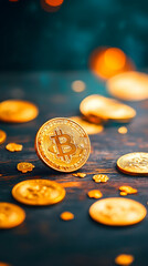 Close-up of a gold Bitcoin coin prominently displayed amidst a scattering of similar coins on a dark wooden surface, illuminated with warm bokeh lights in the background
