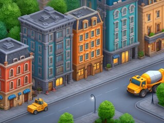 Fototapeta premium Colorful city street scene featuring distinct buildings with urban charm and a construction vehicle highlighting city development and modern architecture in a vibrant neighborhood atmosphere