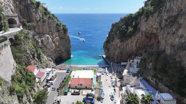Amalfi Coast At Positano In Salerno Italy. Beach Landscape. Tourism Landmark. Amalfi Coast At Positano In Salerno Italy. Gulf Of Salerno Skyline. Coastal Cityscape. Mediterranean Sea.