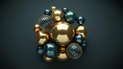 Elegant composition of decorative gold and teal spheres against a dark background creating a luxurio