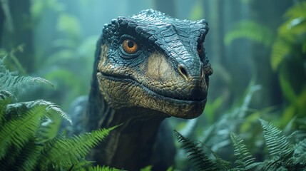 Fototapeta premium A striking dinosaur stands among ferns in a vivid prehistoric forest, embodying ancient wildlife