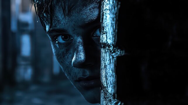 A close-up of a face half-lit in a dark alleyway