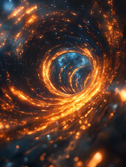 Obraz premium A swirling vortex of fiery orange and cool blue energy, cosmic dust motes illuminating a dark, tunnel-like expanse leading to a distant, ethereal light