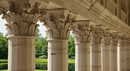 Fototapeta premium Row of columns representing classical architecture and heritage, with ornate capitals and greenery in background