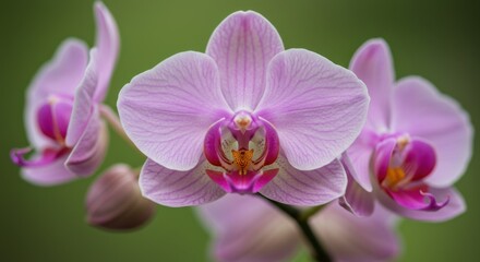 Obraz premium Orchid blossom symbolizing beauty and grace, with delicate pink petals on green background