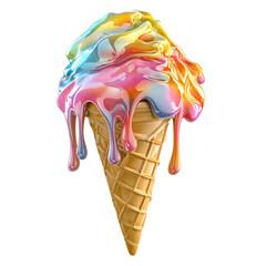 Naklejka premium Melting rainbow ice cream cone isolated on transparent or white background. Generative ai