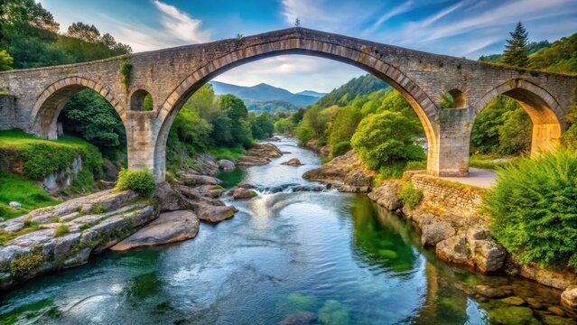 Ancient Roman bridge over the river Canga in Cangas de On?s , landscape, spain,  landscape