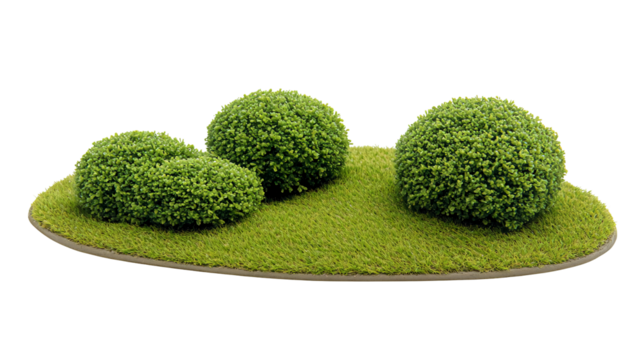Miniature landscape with three bushes on a grassy oval base isolated on transparent or white background. Generative ai