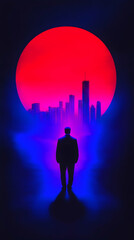 Fototapeta premium A lone figure in a suit stands before a hazy cityscape silhouetted against a large, vibrant red orb, bathed in cool blue light. The scene evokes a feeling of mystery and contemplation