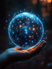 A luminous blue and orange sphere, composed of interconnected nodes and lines, rests gently in an outstretched hand against a blurred, dark background.  The image evokes concepts of connection,