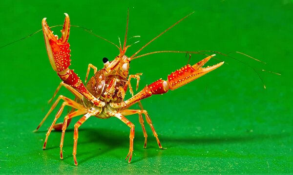 Crawfish A vibrant orange crawfish with red spots stands on a green surface