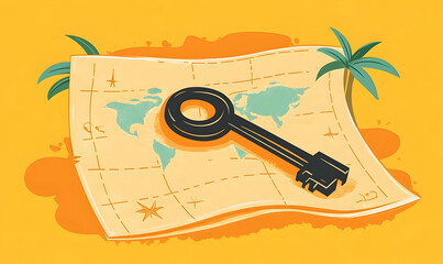 An old map with a key, suggesting exploration or a treasure hunt, with palm trees against a solid yellow background