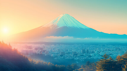 Majestic snow-capped volcano at sunrise over sprawling city