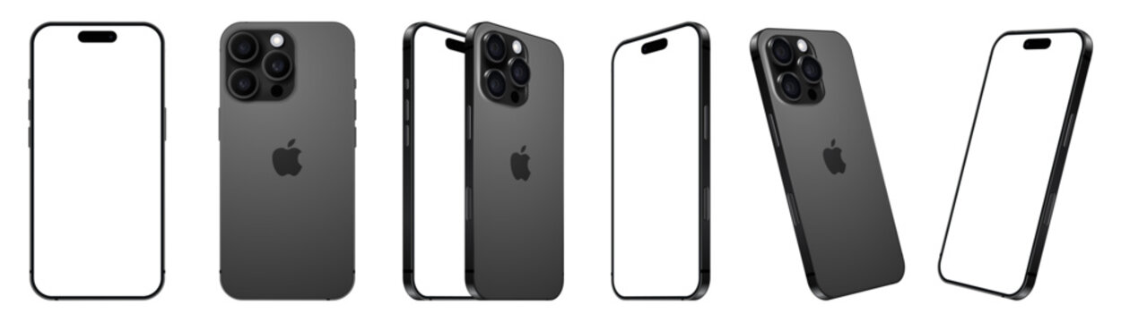 Set of Smart phone Apple iPhone 16 Pro Max in different sides, in official Black Titanium