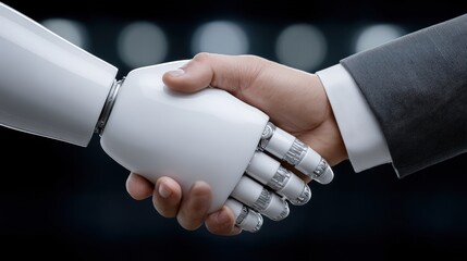 Human connection and technological advancement are represented through a handshake between a robotic hand and a human hand illustrating collaboration and innovation