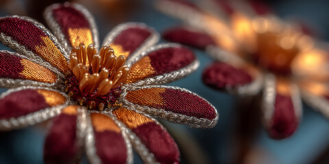 detailed close-up of red and gold silk flowers and intricate metalwork in a geisha's traditional hai