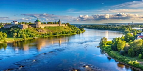 View from Narva in Estonia over the border river Narva and the Russian border to Ivangorod Russia in summer under blue sky with lush greenery, trees, and hills , blue sky, russia