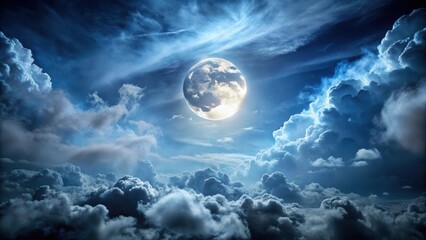 Darkened sky with dense clouds and a full moon glowing brightly in the night atmosphere