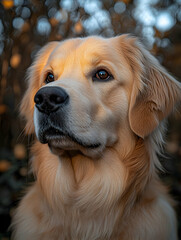 Golden retriever portrait, bathed in warm sunset light, against a bokeh background of blurred foliage