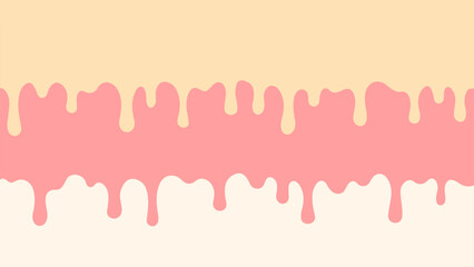 Horizontal background with hand drawn drops of ice cream, white chocolate, glaze, topping, vanilla, strawberry, creme brulee, caramel. 3 stripes dripping drip from cake, dessert, gelato. Vector EPS10