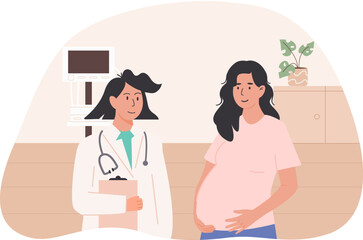 Obraz premium Pregnant woman talking to female doctor during prenatal checkup in medical office or maternity clinic. Antenatal consultation and pregnancy care concept. Flat Style Vector Illustration. 