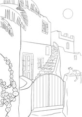 Fototapeta premium Line art illustration of a traditional Greek village with stone steps, a cat, and Mediterranean architecture. Perfect for coloring pages or travel-themed designs.