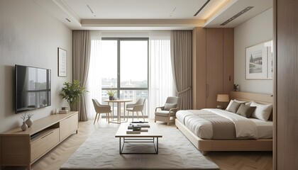 (Out of zoom)  With practicality in mind, this 500-square-foot studio apartment features a bedroom with under-bed storage, a dining area with a bar-top table, a nesting coffee table and a basic office