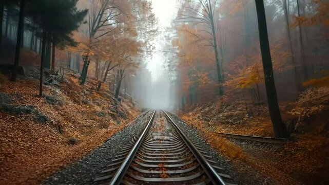 Serene train tracks winding through a foggy forest in autumn, forest view on the train track seamless ing time lapse virtual video Background