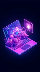 Isometric laptop displaying code, a digital robot, and a glowing orb, surrounded by vibrant purple flora against a dark background
