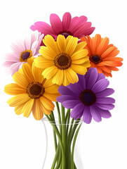 Vibrant gerbera daisies in assorted colors?pink, purple, orange, and yellow?arranged in a clear glass vase against a white background.  The stems are visible, showcasing a lush, fresh bouquet