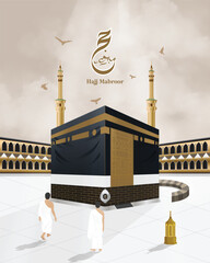 Pilgrims performing Hajj near Kaaba in Masjid Al-Haram. The illustration of Hajj pilgrims walking around the Kaaba in Masjid Al-Haram, Makkah.