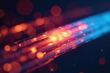 Close-up of fiber optic cables glowing brightly, data center, speed, connectivity