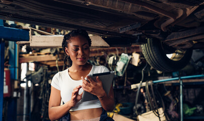 Auto mechanic are checking and repair maintenance auto engine is problems at car repair shop.