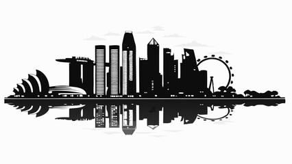 Fototapeta premium Silhouette of a city skyline with skyscrapers and ferris wheel reflected in water at night time scene