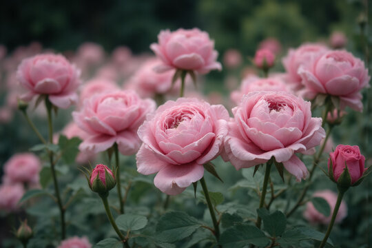 bunch of pink roses growing in a garden