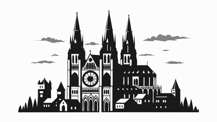Naklejka premium Silhouette of a gothic cathedral with spires and towers under a cloudy sky in a monochrome illustration
