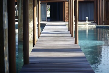 Serene Wooden Pathway Leading to Poolside Relaxation Warm Sunlight Illuminates Tranquil Resort Scene