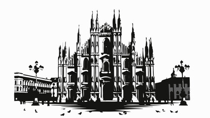 Naklejka premium Detailed silhouette of milan cathedral with surrounding buildings and birds in monochrome style design