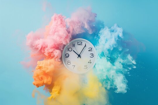 Pastel Rainbow Cloud Exploding Around a Clock Varient 4