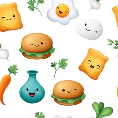 Seamless repeat pattern featuring hand-painted cute food mascot in chibi style, with cute food ingredients, aqua blue and coral, isolated on white background, coastal escape vibe, vibrant design