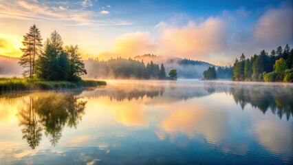 Fototapeta premium Serene lake scene at dawn with misty fog surrounding the water , natural scenery