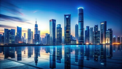 Obraz premium A modern cityscape at dusk with a dark blue gradient and sleek skyscrapers in the foreground