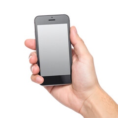 Hand holding smartphone with blank screen isolated on black background representing technology and communication