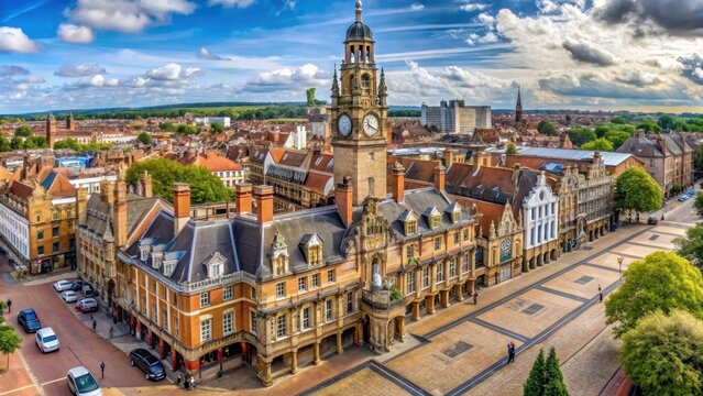 Panoramic aerial view of historic town hall with Gothic Revival architecture in Leicester city center, leicester town hall, skyline