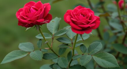 Naklejka premium Two red roses representing love and beauty, featuring green leaves and a blurred background