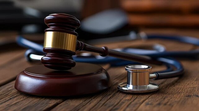 A gavel rests beside a stethoscope on a wooden table in a law office, representing the intersection of healthcare and legal principles. The setting conveys professional seriousness.