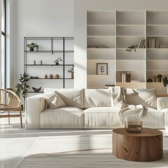 Fotografía de archivo de una sala de estar de estilo escandinavo en color beige con un sofá 