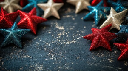 Red White Blue Glitter Stars on Dark Blue Textured Background