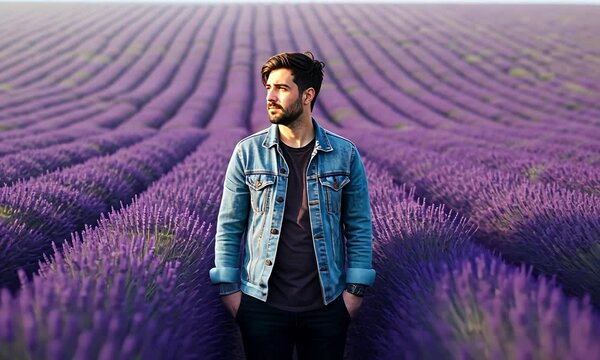 Man in lavender field, wearing denim jacket, looking away